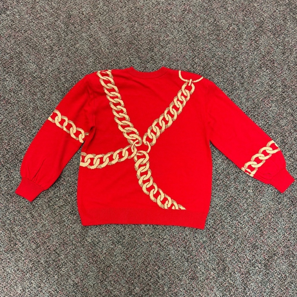 Vintage ST JOHN Collection Red & Gold Paris Charm Bracelet Graphic Sweater-M - Picture 6 of 7